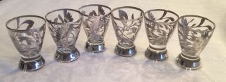 Set Of 6 Unique Vintage Sterling Silver Floral Overlay 2.  5 " Tequila Shot Glasses