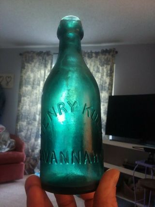 Rare Henry Kuck Savannah Ga.  Teal Blue Blob Top Soda Bottle