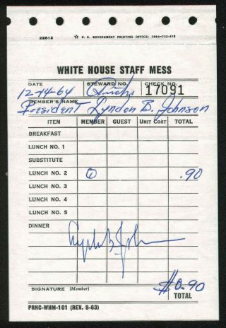 Lyndon B.  Johnson Signed 4x6 White House Staff Mess Lunch Ticket Psa Ad07531