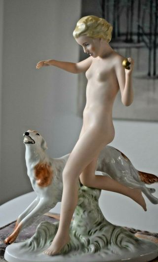 Royal Dux Figurine " Diana,  The Huntress " Nude Blond W/ Borzoi 14.  5 " H X 11.  5 " W