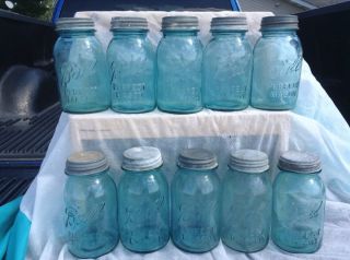 10 Vintage Blue Ball Perfect Mason Quart Jars W/zinc Lids Weddings,  Crafts