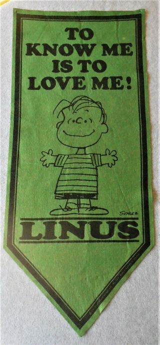 1970 Linus Felt Pennant Banner - Know Me Is Love Me - Peanuts Vintage