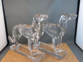 Antique Clear Glass Art Deco Russian Wolfhound Borzoi Bookends Dog Figurine 7.  5 "