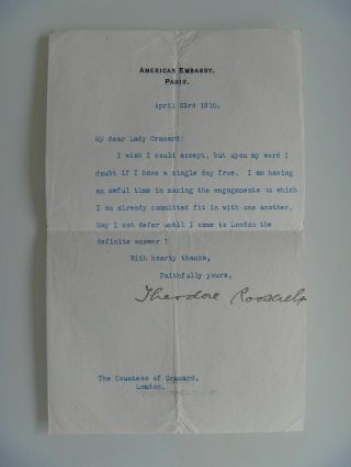 Theodore Roosevelt 1910 Typed Letter Signed - Sent From Paris - Man In The Arena
