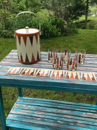 Vintage Oleg Cassini Backgammon Themed Ice Bucket - 5 Glasses - 6 Coasters