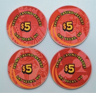4 Different $5 King Queen Jack And Ace Palms Casino Chips Las Vegas Nevada