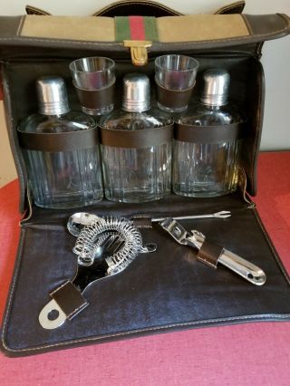 Vintage Gucci Styled Travel Barware Set: Flask,  Strainer,  Spoon,  Shot Glasses