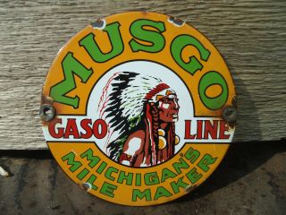 Vintage Musgo Gasoline Porcelain Gas Station Door Sign " Michigan 