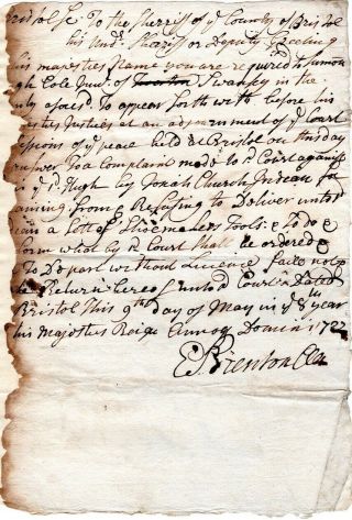 1707,  Swanzey,  Mass; Man Order To Give Tools To Indian,  Jonah Church,  Brenton