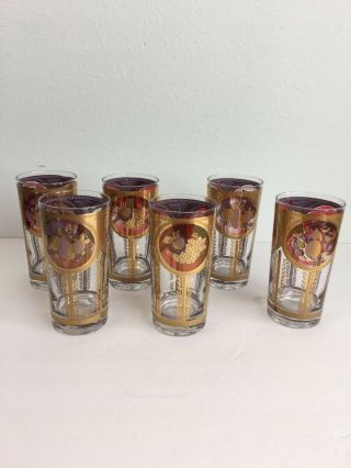 Vintage Mid Century Cora Bar Glasses Fruit Red Gold Drinking Set Of 6 Glasses