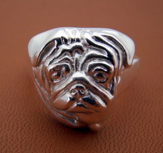 Large Sterling Silver Pug Head Study Ring
