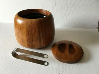Dansk Teak Wood Ice Bucket Round With Lid And Ice Tongs Barware Mcm Vintage