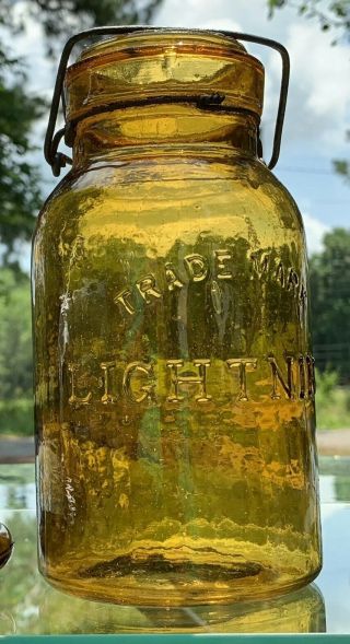Antique Fruit Jar Trade Mark Lightning Yellow Amber Color Quart