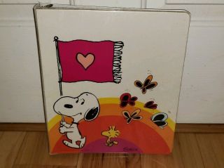 Vintage Snoopy & Woodstock 3 Ring Binder Folder Peanuts Holding Flag Butterflies
