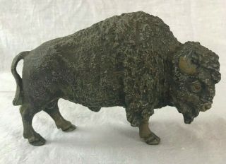 Cast Metal Antique Buffalo/american Bison Statue Painted Brown And Gold - Red Eyes