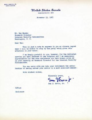 Samuel J.  " Sam " Ervin Jr.  - Typed Letter Signed 11/15/1967