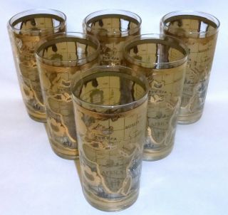 6 Mid Century Cera Old World Maps Trimmed In Gold 5.  5 " Drinking Glasses Tumblers