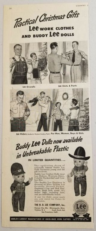 1950 Print Ad Lee Work Clothes & Buddy Lee Plastic Unbreakable Dolls