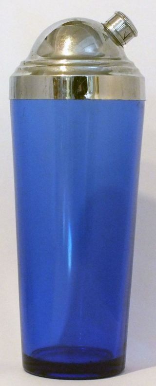 Vintage Cobalt Glass Cocktail Shaker With High - Domed Chrome Side - Pour Lid