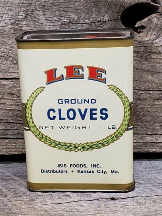 Vintage Lee Pure Cloves 1 Lb Lithograph Tin Isis Foods,  Inc Kansas City Mo.