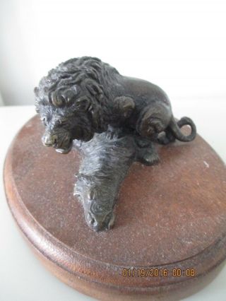 Bronze Sculpture,  Male Lion With Zebra Kill,  On Wood Base