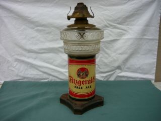 Antique Fitzgerald Pale Ale Qt.  Beer Can Oil Lamp Iron Base Glass Oil Font