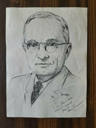 Pencil Drawing Of Harry S.  Truman And Signed By Harry S.  Truman 12/1/1961
