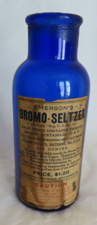 Vintage Blue Bromo - Seltzer Bottle,  Emerson Drug Co,  Baltimore,  Md.  6.  5 "