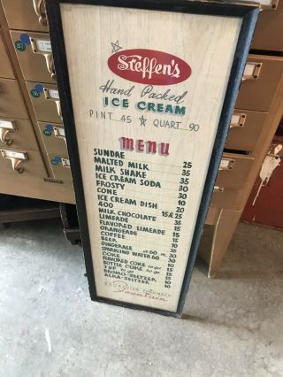 Vintage Steffens Ice Cream Pharmacy Menu Board Sign Framed Cardboard W/glass