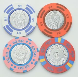 Set Of 4 Little 6 Bingo $1 - $2.  50 - $5 Casino Chips Prior Lake Minnesota Coin Inlay