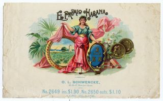 Early El Premio Habana Cigar Box Paper Litho Sample Label O.  L.  Schwencke Ny Nyc