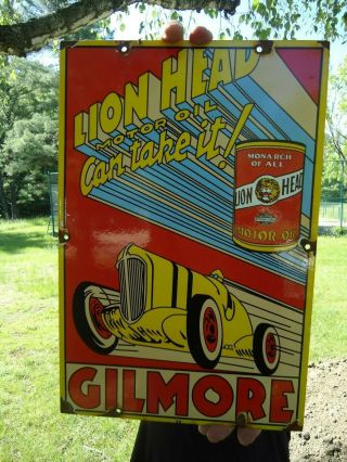 Old 1939 Gilmore Motor Oil Porcelain Gas Service Station Pump Sign Lion Head