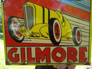 OLD 1939 GILMORE MOTOR OIL PORCELAIN GAS SERVICE STATION PUMP SIGN LION HEAD 2