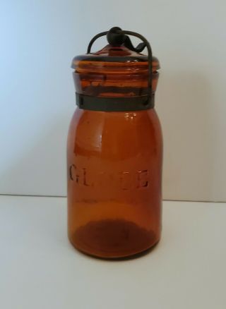 Antique Amber Globe Pint Jar Lid Metal Clasp Bail Patented May 25 1886