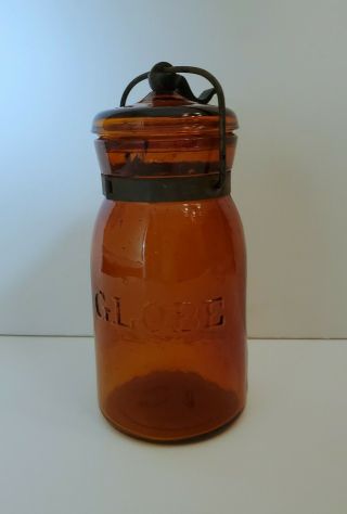 Antique Amber Globe Pint Jar Lid Metal Clasp Bail Patented May 25 1886 2