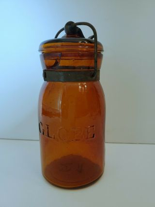 Antique Amber Globe Pint Jar Lid Metal Clasp Bail Patented May 25 1886 3