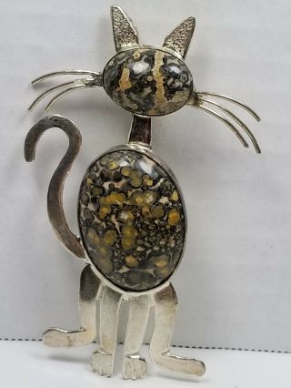 Rare Vintage J.  Thunderhorse Leopard Jasper/sterling Signed Cat Pin - Pendant/mint
