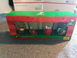 Peanuts Snoopy Charlie Brown Christmas Drinking Glasses 16oz Glass Set Of 4