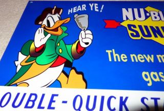 Vintage " Sunoco " Blue Donald Duck W/ Bell 12 " Baked Metal Gasoline & Oil Sign Nr
