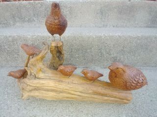Vintage Eugene Ownby Sculpture Quail Birds & Driftwood - Signed Hand Carved Wood