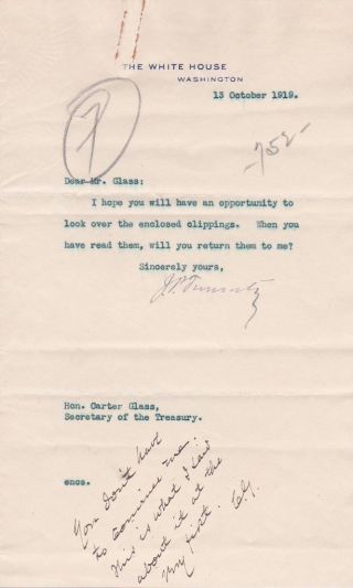 Carter Glass (d.  1946) Signed 1919 Letter Als Secretary Of Treasury W.  Wilson