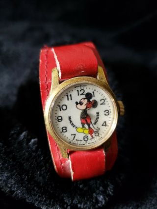 Vintage Mickey Mouse Bradley Watch,  Red Band And Hands,  Swiss Made 62