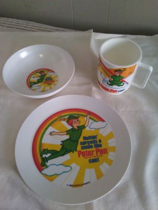 Vintage 1983 Peter Pan Peanut Butter Plastic Cup,  Bowl And Plate Set