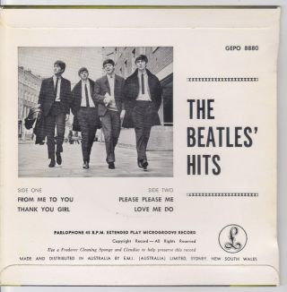 BEATLES ' HITS EP: LOVE ME DO,  3 AUSSIE PARLOP 8880 COV=NM VINYL = 1963 2ND 2