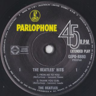 BEATLES ' HITS EP: LOVE ME DO,  3 AUSSIE PARLOP 8880 COV=NM VINYL = 1963 2ND 3