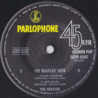 BEATLES ' HITS EP: LOVE ME DO,  3 AUSSIE PARLOP 8880 COV=NM VINYL = 1963 2ND 4
