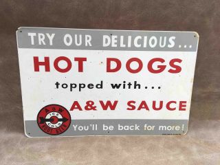 Old A&w Root Beer Drive - Ins Try Our Hot Dogs Tin Advertising Restaurant Sign