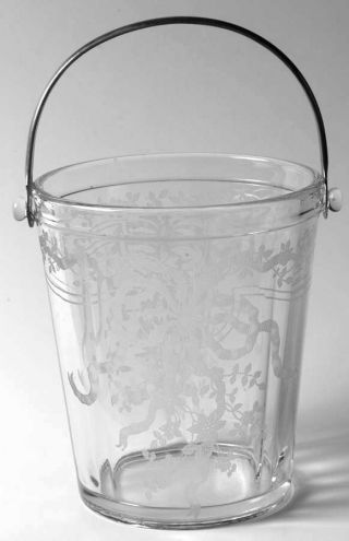 Vintage Fostoria June Clear Glass Ice Bucket With Etched Bows Handle & Tongs