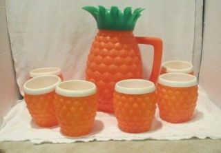 Vintage Minerware 1960 Plastic Pineapple Pitcher & 6 Cup Set Tiki Luau Orange