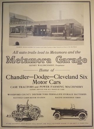 1920 Metamora Il Garage Chandler Dodge Cleveland Case Tractor Waldschmidt Ad